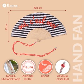 Fisura Oui C'est Moi Striped Wooden Fan Elegant Black and White Striped Accessory Stylish Handheld Fan with Handy Hanger Dimensions: 42.5 x 23 cm