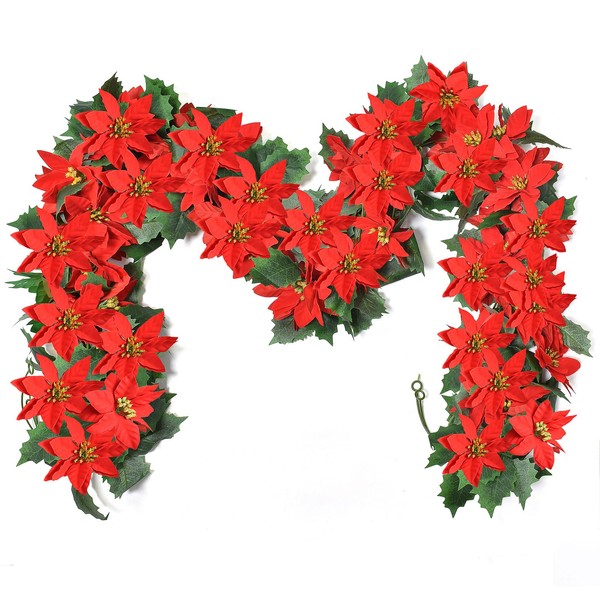 IWNTWY 4Pcs Christmas Garland, 6.5Ft Artificial Red Flowers Garland with