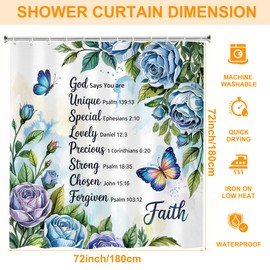 rzzlp Bible Verse Inspirational Quote Shower Curtain,Blue Floral Christian Bathroom Shower Curtains Bathtub Home Decor Waterproof Fabric Machine Washable with 12 Hooks 72''×72''
