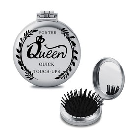 Ancnoz Folding Pocket Makeup Mirror for Women Girls Queen Quick Touch-ups Travel Engraved Compact Hair Brush with Mirror for Wife Girlfriend Romatic Anniversary Birthday Gifts for Mom Grandma