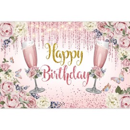 Pink Rose Gold Happy Birthday Backdrop for Girls, Goblet Floral Happy Birthday Banner for Women, Pink Flower Birthday Party Sign Decorations for Kids Photo Backdrop Supplies(10X8 FT,Polyester)
