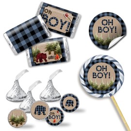 Oh Boy! Outdoorsy Blue and Black Plaid Lumberjack Boy Baby Shower Sticker Bundle Kit - 429 pieces!!! Includes 60 2" Circle Stickers for Favors & Goodie Bags, 45 Mini Candy Bar Wrappers & 324 Round