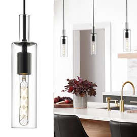 AUTELO Modern Pendant Lights, 1-Light Glass Pendant Light, Industrial Hanging Light Fixtures in Black Metal Finish with Clear Glass, Kitchen Pendant Lighting Over Island for Dining Room, H3875 BK