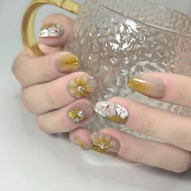 Nail Tips, Press on Nail, Set of 10, Handmade Nail Tips, Japanese Style Enamel Flower Yellow