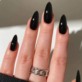 GlamRays Black Press On Nails: 24 Pack Almond Shaped Medium Length False Nails, Stiletto & Sticky Ons