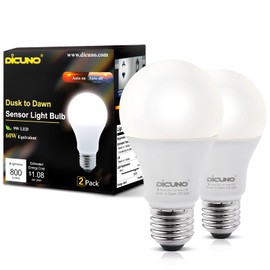 DiCUNO Dusk to Dawn Light Sensor Bulbs Outdoor, A19 LED Bulb Automatic On/Off, 9W 60 Watt Equivalent, 5000K Daylight White 800LM, Outdoor Lighting for Front Porch, 2 Pack