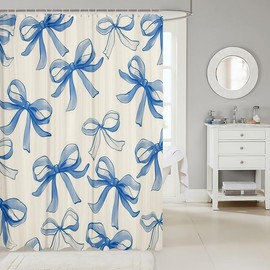 Feelyou Blue Bow Fabric Shower Curtain Blue White Bowknot Shower Curtain for Kids Boys Girls Cute Bowknot Princess Bathroom Waterproof Accessories with 12 Hooks Ribbon Bow Curtains,72x72 Inches