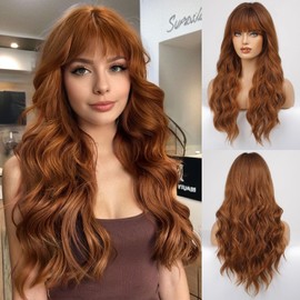 HARICUBE Wigs for Women - Long Curly/Wave with Bangs Wigs Natural Synthetic Heat Resistant Wigs (Auburn)