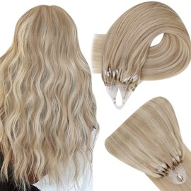 Easyouth Real Hair Micro Ring Extensions, Blonde Hihglight Micro Ring Hair Extensions, Remy Micro Ring Extensions, Real Hair, Ash Blonde Mix Yellow Blonde, 14 Inches, 50 g, #18/613