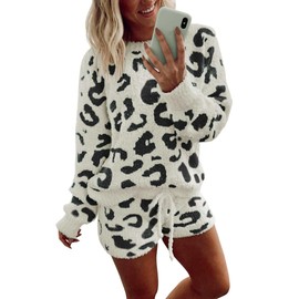 Ekouaer Fuzzy Fleece Pajamas 2 Piece Warm Soft Lounge Set Long Sleeve Sweater Top and Shorts Loungewear Outfits Sweatsuits Black Leopard M