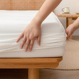 BESTOUCH Fitted Sheet Only 100% Washed Cotton Linen Feel Easily Fits Deep Pockets up to 17 inch Solid Off White Queen