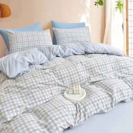 3 Piece Gingham Duvet Cover Set, Soft Microfiber Bedding Set with Adorable Cherry Pattern,Blue Minimalist Bed Set for Queen Size Bed, Breathable and Wrinkle Resistant Duvet Cover with 2 Pillow Shams