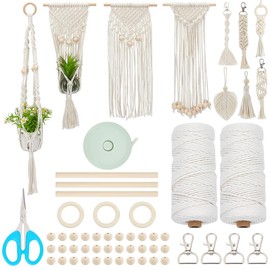 INFUNLY Set of 10 DIY Macrame Set for Beginners Boho Wall Hanging Tapestry Sets with Instructions Keyring Kit Made of Beige Cotton Cord Handmade Plant Hanger DIY Ornament