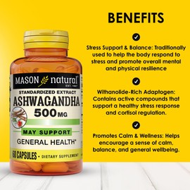 Mason Natural Ashwagandha 500 mg, Adaptogen for Stress & Energy Support, Herbal Supplement, 60 Day Supply