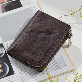 VANNANBA Men Wallets with Zipper Genuine Leather Retro Multifunction with 2 Large Zipper Pocket, 6 Card Slots