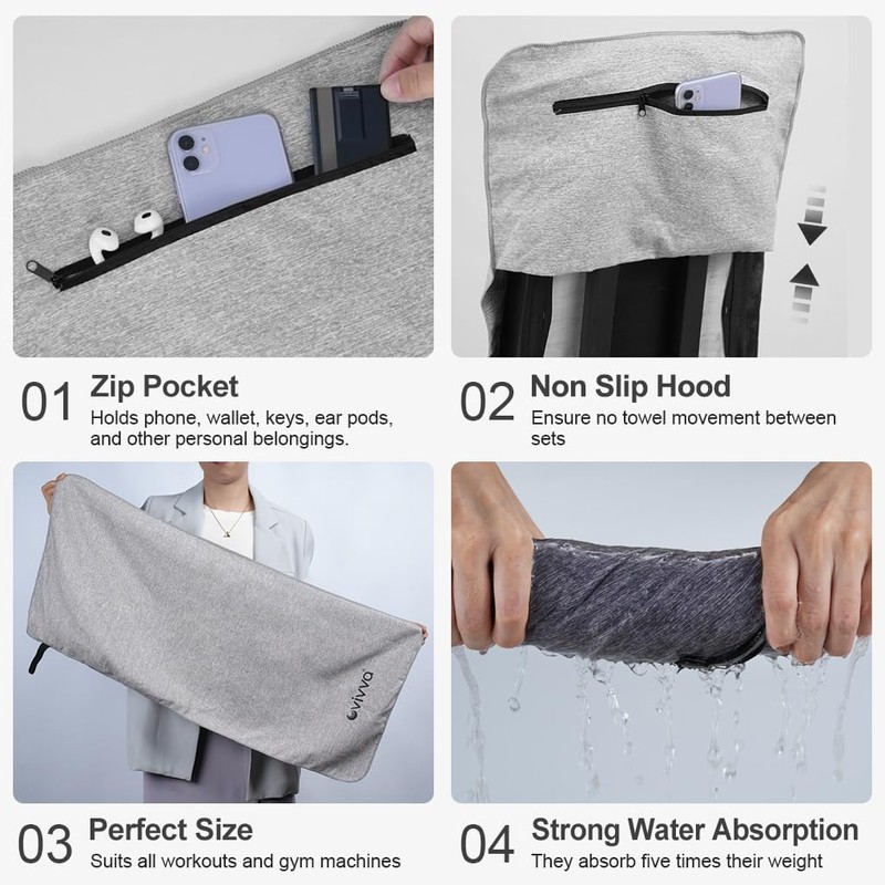 Vivva 2PC Set Microfibre Hooded Gym Towel with Zip Pocket,
