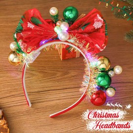 Latious Light Up Christmas Balls Headband LED Xmas Bow HairBand Glow Santa Bowknot Hair Hoop Holiday Costume Hair Accessories for Women and Girls