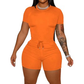 HBQ Women 2 Piece Outfits Summer Sweatsuits Track Suits Crop Tops Biker Short Workout Jogger Sets Orange S