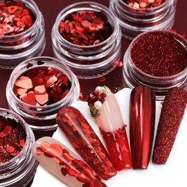 Doneace Heart Nail Sequins Red Nail Glitter Powder Valentine's Day Love Heart Nail Art Flakes Powder Kit for Acrylic Festival Nails Decorations DIY Sparkly False Nails Crafts 6Jars