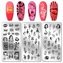PH PandaHall 3pcs Comic Text Nail Stamping Plates, Retro Avatar Snake Rose Skull Nail Stamper Nail Art Stencils Print Nail Stencils Stainless Steel Nail Image Plate for Nail Art Design Manicure Salon
