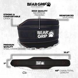 BEAR GRIP -Weighted Dip & Pull up Belt for Strength Training, Bodybuildng (Black/Black)