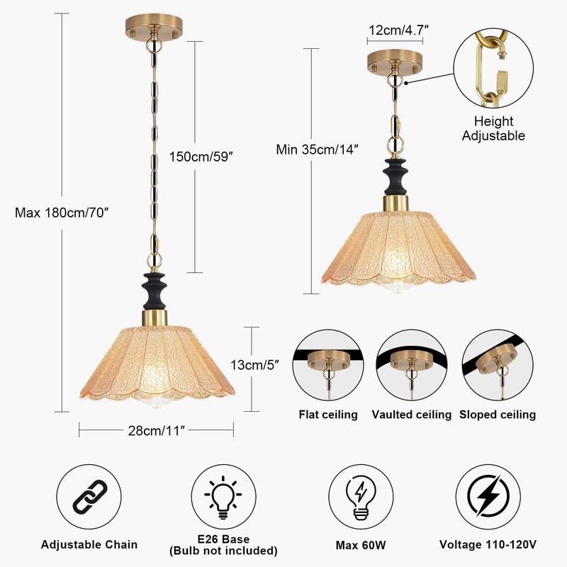 EFINEHOME Glass Modern Farmhouse Pendant Light, 1-Light Indoor Hanging Lamp