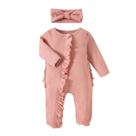 Newborn Baby Girl Solid Romper Clothes Long Sleeve Ribbed Onesie Bodysuit Infant Knitted Jumpsuit Headband Outfits (C- Pink, Newborn)