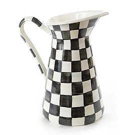 MacKenzie-Childs Large Pitcher - Stainless Steel Enamel Courtly Check - Black and White, Coffee Creamer - 7" base dia., 10" wide, 11.5" tall, 17 cup