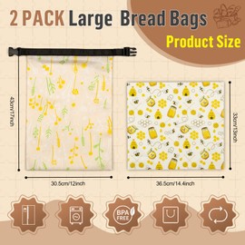 Pack of 2 44 x 32.5 cm Bread Bags with TPU Inner Lining and Beeswax Cloths, Reusable Bread Bags, Bread Bags, Storage with Freshness, Machine Washable, Freezer Safe for Buns and Bulk Purchases, Yellow