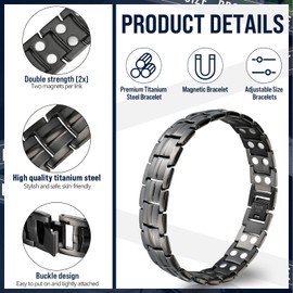 Magnetic Bracelet for Men, Titanium Bracelet with Double Row Magnets, Strength, Adjustable Bracelet with Sizes, Tool and Bag, Black, Full Magnetic Base for Men, Black (Grey)