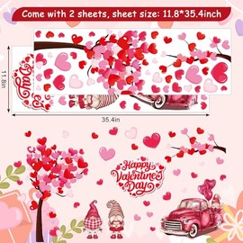 JarThenaAMCS 35.4 x 11.8 Inch Valentine's Day Heart Tree Wall Stickers Pink Red Gnome Truck Large Room Mural Decals for Wedding Anniversary Party Decoration, 2 Sheets