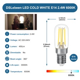 DSLebeen DSLebeen E14 LED Kaltwei? Glhbirne Tischlampen 2.4W 450LM Ersatz Glhlampe 40W, 6000K Mini LED Birnen fr N?hmaschinelampe, Wandlampen,Salzlampe, Kronleuchter Nicht Dimmbar 2 Stck
