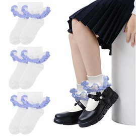 HZHSGLY 3Pairs Girls School Gingham Socks, Frill School Socks Girl School Uniform Girls Comfortable Breathable Checked Pattern Frilly for Age 1-10 Years (Blue) (UK, Age, 8 Years, 10 Years, Blue)