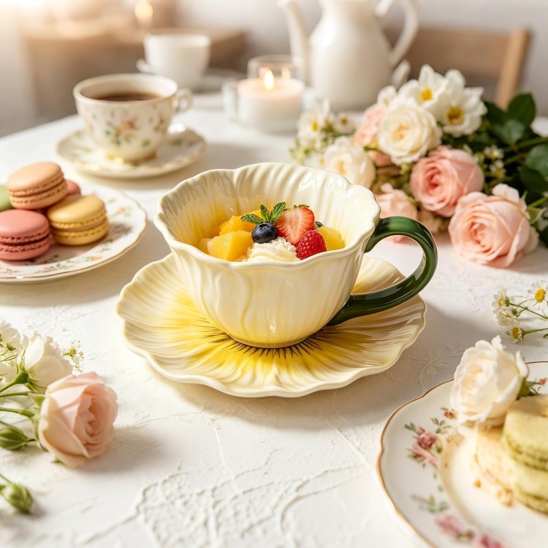 ONEUSTAR Ceramic Flower Shaped Tea Cup and Saucer Set, Yellow,