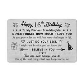 FALOGIJE 16th Birthday Cards Gifts for Granddaughter, Birthday Gifts for 16 Year Old Granddaughter, Engraved Metal Wallet Card