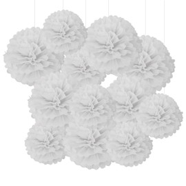 White Tissue Hanging Paper Pom Poms,Flower Ball Wedding Birthday Party Decoration （6Pcs 12in Pom Pom & 6Pcs 10in Pom Pom）
