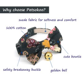 PetSoKoo Double Bowtie Cat Collar With Bell.Colorful Sakura Kimono Style.100% Cotton.Safety Breakaway.Light Weight,Soft,Durable.
