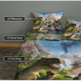 NiuOne 4Pcs Dinosaurs Bed Sheets Set Full for Boys 3D Realistic Dinosaur Green Fitted Sheets Set Ancient Dinosaur Theme Kids/Adults/Teens Bedroom Bedding Sheet Set,Full Size