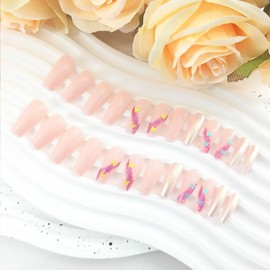 Coffin Press On Medium Fake Nails Light Pink Glue On Butterfly Sequins Glitter Design False Nails Press On Glossy Full Cover Acrylic Artificial Stick On Nails for Women Girls 24Pcs