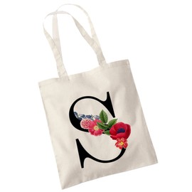 Bang Tidy Clothing Floral Canvas Bags Gifts for Bridesmaid - A/Z Monogram Initial Cotton Canvas Tote Bag for Wedding Bridal Shower Bridesmaids - Hen Do Party Gift Totes Bags for Women Letter-S
