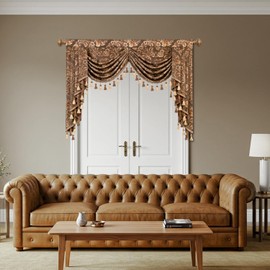 VOGOL European Valance for Living Room, Light Filtering Swag Curtain for Bedroom, Luxury Damask Jacquard Valance with Tassels Beads, Rod Pocket Top, 1 Panel, Brown, 39 Inches Wide