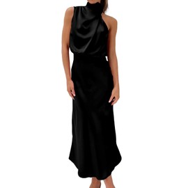BZSFW Women's 2024 Summer Satin Dress Elegant Sleeveless Mock Neck Cocktail Party Maxi Dresses (Black, Large)