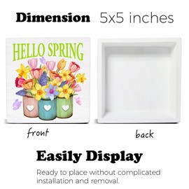 Spring Decor - Farmhouse Spring Decorations - Flowers Wooden Decorative Sign - Home Decor for Desk Table Shelf 5 x 5 Inches