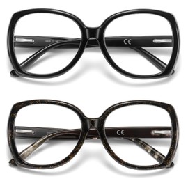 Kafirlo Round Reading Glasses for Women 2 Packs Oval Fashion Blue Light Blocking Readers Computer Cute Glasses (Black & Tortoise, 2.25, Diopters)