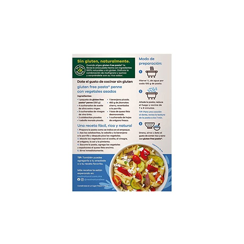 Real Natural, GLUTEN FREE PENNE QUINOA MULTIGRANO, 340 gramos
