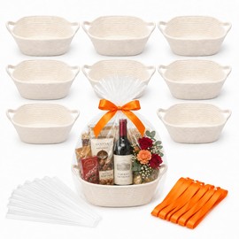 9Pcs Baskets for Gifts Empty with Gift Bags and Ribbons, Small Cute Woven Cotton Rope Basket, for Easter Mother's Day, Baby Nursery Room Shelf Storage Toy Pet Organizer to Fill, White, 12 x 8 x 5 inch