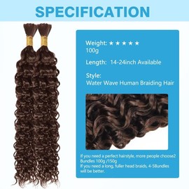 Human Braiding Hair Water Wave Bulk 100g 18 Inch Color4 Curly for Boho Braids Extensions No Weft 2 Braids Per Pack Wet and Wavy Chocolate Brown