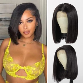 13 x 4 Lace Front Bob Human Hair Wig, Short Bob Real Hair Wig Women, 100% Human Hair Wig for Women, Straight Black Wig, 150% Density (8 Inches, 20 cm)