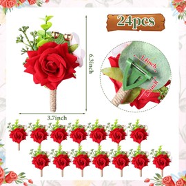 Sherr Set of 24 Red Boutonniere for Men Rose Wedding Pocket Boutonniere with Pins Groom Groomsmen Corsage Man Suit Buttonholes Flower for Anniversary Party Prom Decoration Funeral Pins