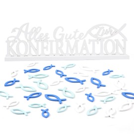 Pack of 37 Confirmation Table Decoration Wooden 1 Piece Lettering Alles Gute zur Konfirmation 36 Pieces Confetti Decoration Fish Wood Decoration for Confirmation Christening Communion Boy Girl